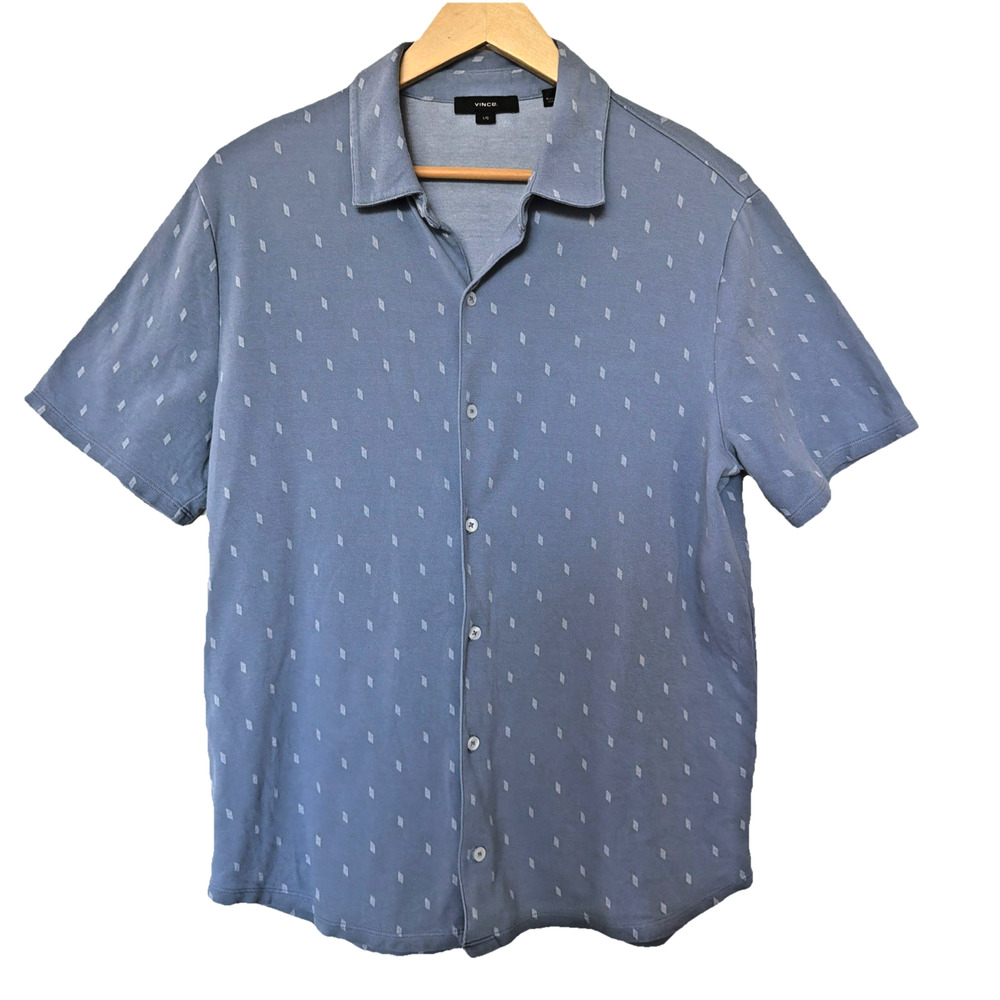 Vince Shirt Mens Lg Blue Diamond Print Button-Up 100% Cotton Short Sleeve Casual